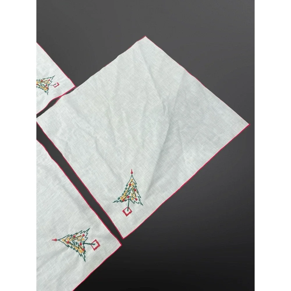 Vintage Christmas Embroidered Napkins Set of 3 Cotton Linen Red Trim MCM